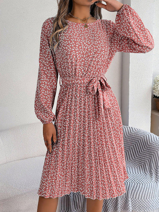 Floral Dresses- Spring Belted A-Line Dress with Pleats & Long Sleeves in Floral Print- Pink- Pekosa Women Clothing