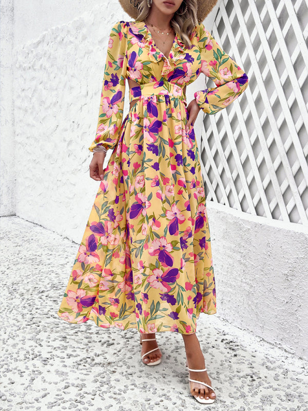 Floral Dresses- Spring Floral Cutout Backless Midi Dress with Long Sleeves- - Pekosa Women Fashion