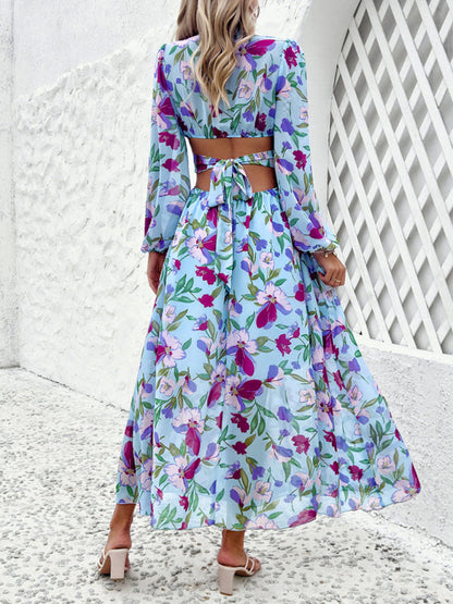 Floral Dresses- Spring Floral Cutout Backless Midi Dress with Long Sleeves- - Pekosa Women Fashion