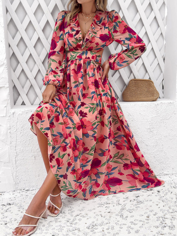 Floral Dresses- Spring Floral Cutout Backless Midi Dress with Long Sleeves- - Pekosa Women Fashion