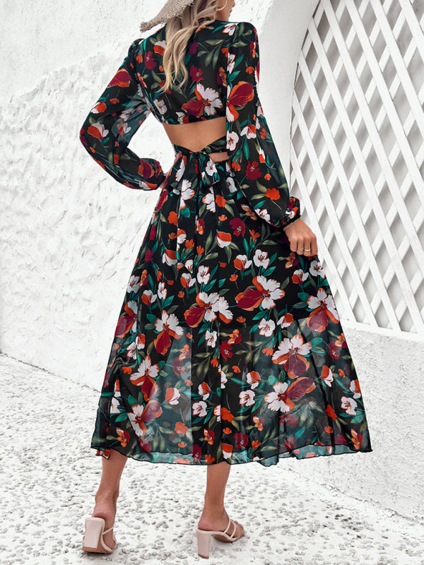 Floral Dresses- Spring Floral Cutout Backless Midi Dress with Long Sleeves- - Pekosa Women Fashion