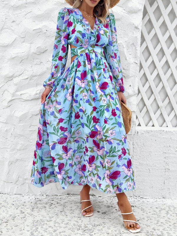 Floral Dresses- Spring Floral Cutout Backless Midi Dress with Long Sleeves- - Pekosa Women Fashion