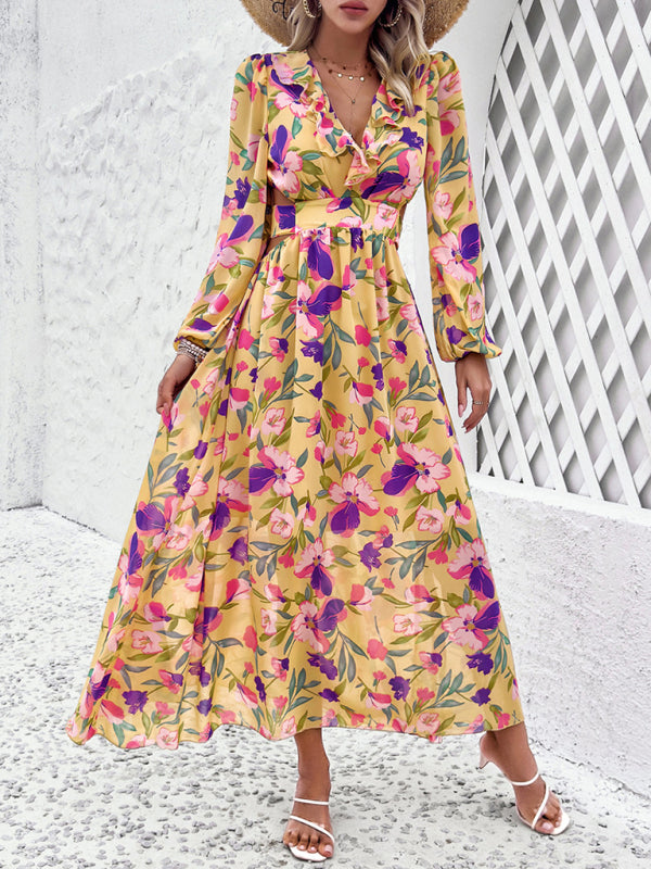 Floral Dresses- Spring Floral Cutout Backless Midi Dress with Long Sleeves- Yellow- Pekosa Women Fashion