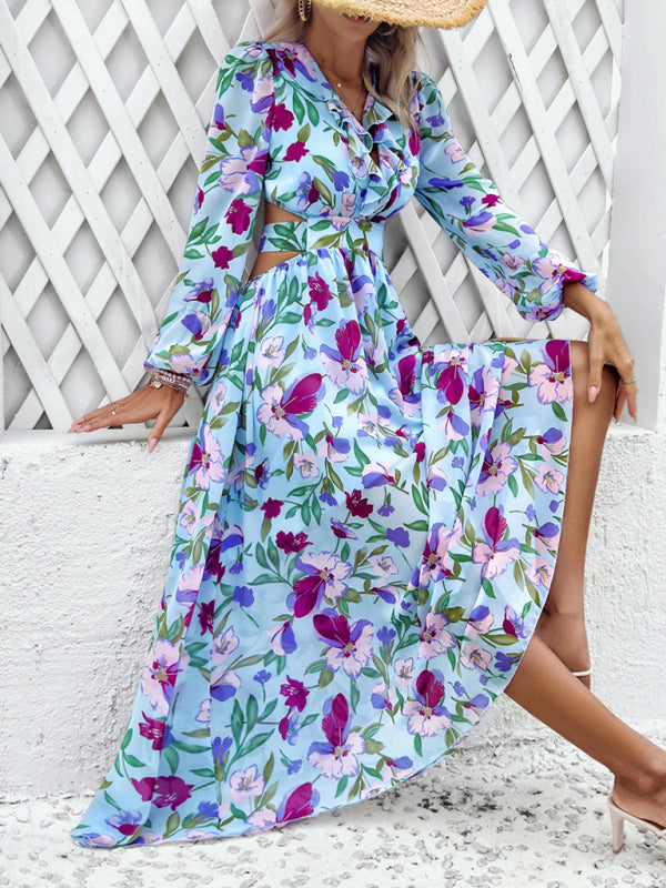 Floral Dresses- Spring Floral Cutout Backless Midi Dress with Long Sleeves- - Pekosa Women Fashion