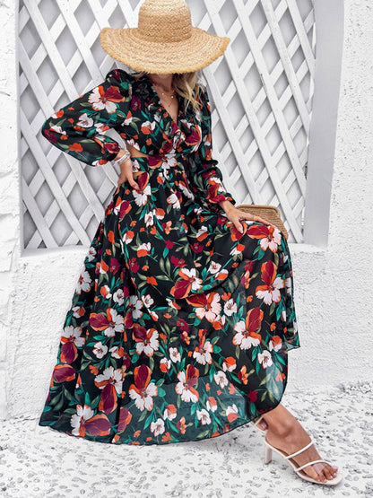 Floral Dresses- Spring Floral Cutout Backless Midi Dress with Long Sleeves- - Pekosa Women Fashion