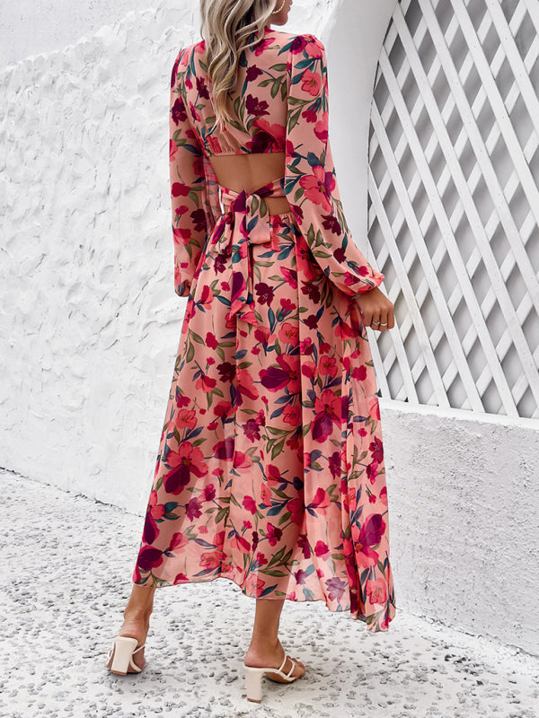 Floral Dresses- Spring Floral Cutout Backless Midi Dress with Long Sleeves- - Pekosa Women Fashion