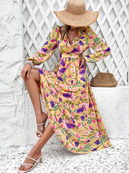 Floral Dresses- Spring Floral Cutout Backless Midi Dress with Long Sleeves- - Pekosa Women Fashion