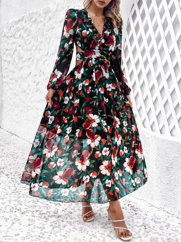 Floral Dresses- Spring Floral Cutout Backless Midi Dress with Long Sleeves- - Pekosa Women Fashion