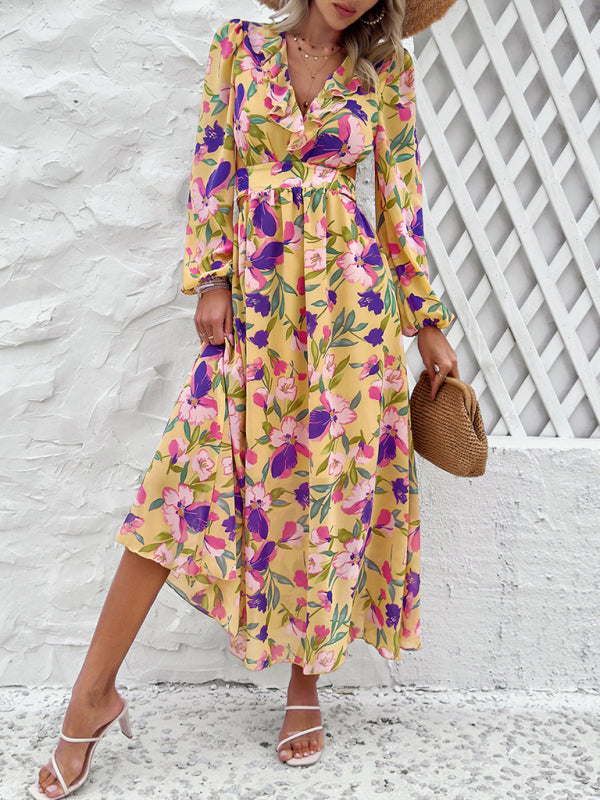 Floral Dresses- Spring Floral Cutout Backless Midi Dress with Long Sleeves- - Pekosa Women Fashion