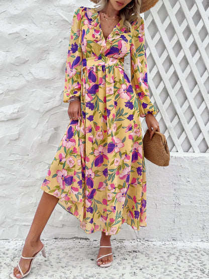 Floral Dresses- Spring Floral Cutout Backless Midi Dress with Long Sleeves- - Pekosa Women Fashion