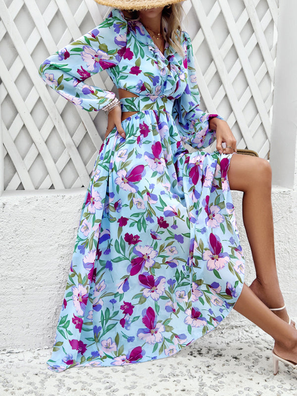 Floral Dresses- Spring Floral Cutout Backless Midi Dress with Long Sleeves- - Pekosa Women Fashion