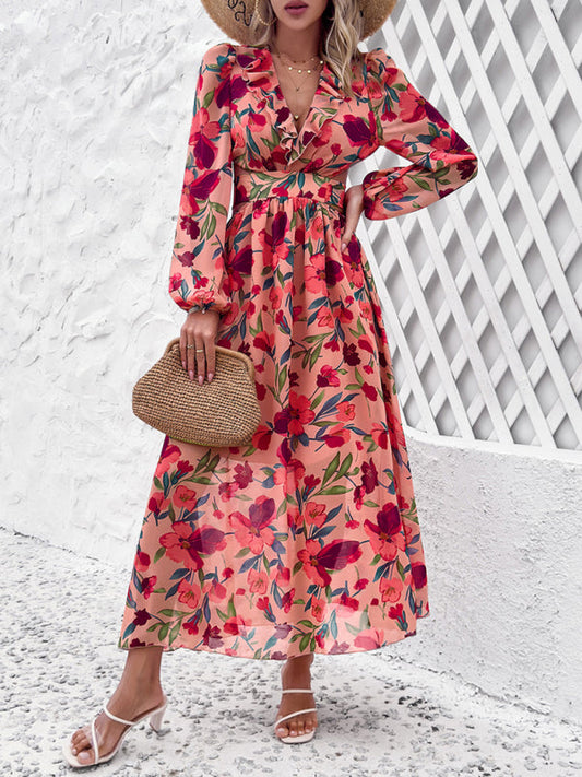 Floral Dresses- Spring Floral Cutout Backless Midi Dress with Long Sleeves- Pink- Pekosa Women Fashion