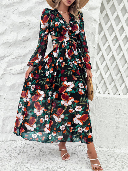 Floral Dresses- Spring Floral Cutout Backless Midi Dress with Long Sleeves- - Pekosa Women Fashion