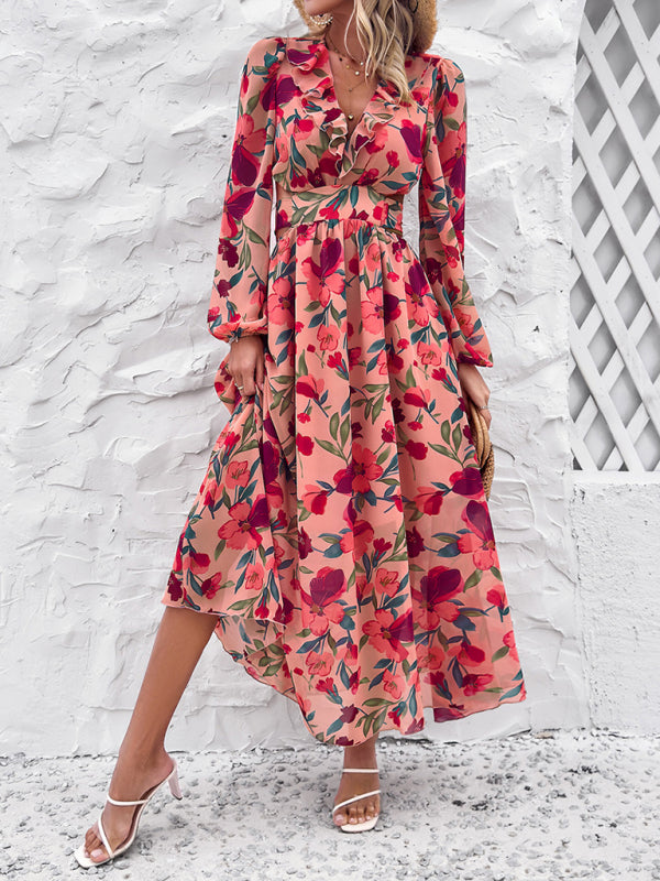 Floral Dresses- Spring Floral Cutout Backless Midi Dress with Long Sleeves- - Pekosa Women Fashion