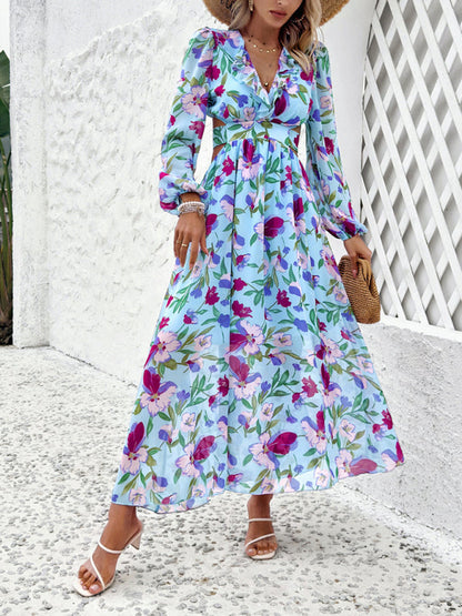 Floral Dresses- Spring Floral Cutout Backless Midi Dress with Long Sleeves- Blue- Pekosa Women Fashion