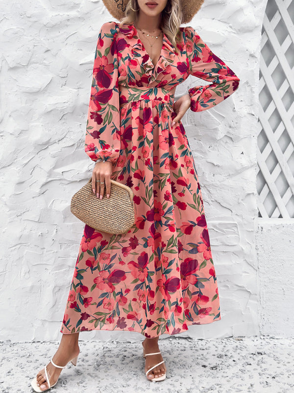 Floral Dresses- Spring Floral Cutout Backless Midi Dress with Long Sleeves- - Pekosa Women Fashion