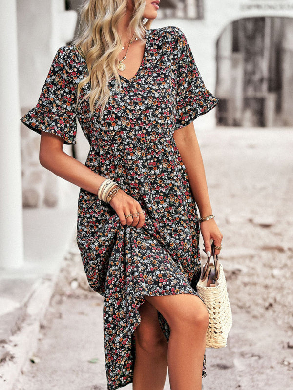 Floral Dresses- Tiered Floral V-Neck Dress: Pleated Design & Ruffle Accents- - Pekosa Women Clothing