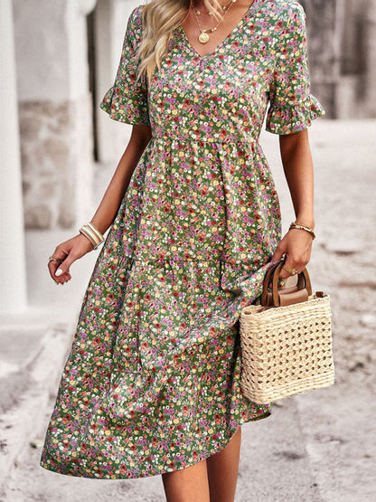 Floral Dresses- Tiered Floral V-Neck Dress: Pleated Design & Ruffle Accents- Green- Pekosa Women Clothing