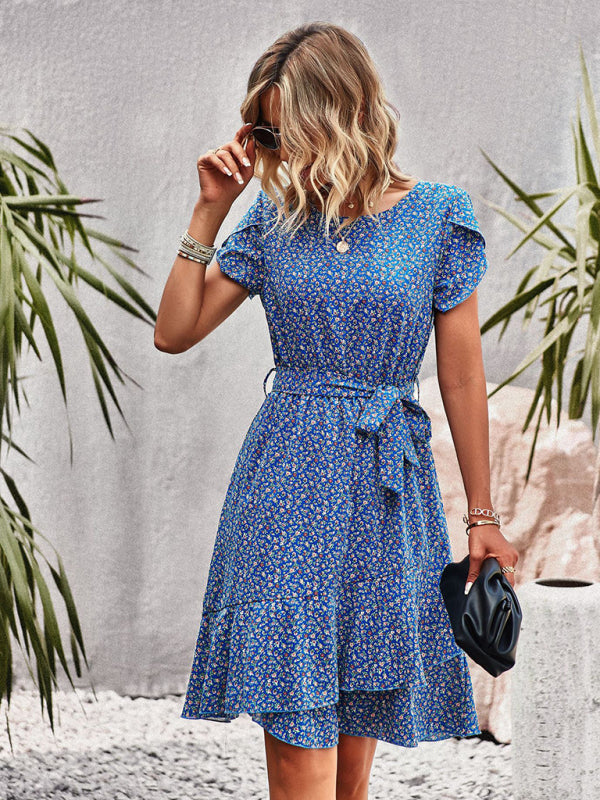 Floral Dresses- Versatile Floral Waist-Tie Dress with Layered Skirt- - Pekosa Women Clothing