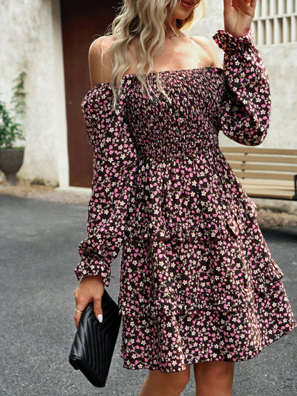 Floral Dresses- Women's Autumn Floral Dress with Smocked Body, Tiered Ruffle Accents- - Pekosa Women Clothing