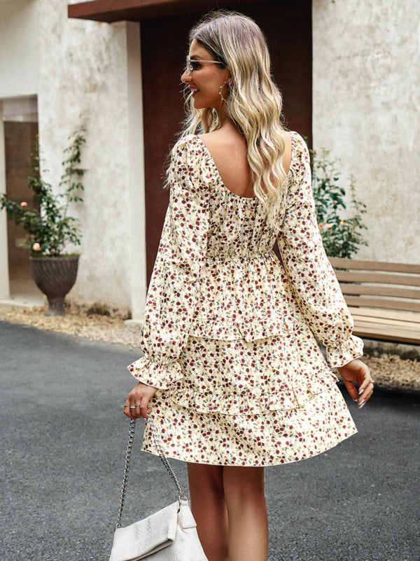 Floral Dresses- Women's Autumn Floral Dress with Smocked Body, Tiered Ruffle Accents- - Pekosa Women Clothing