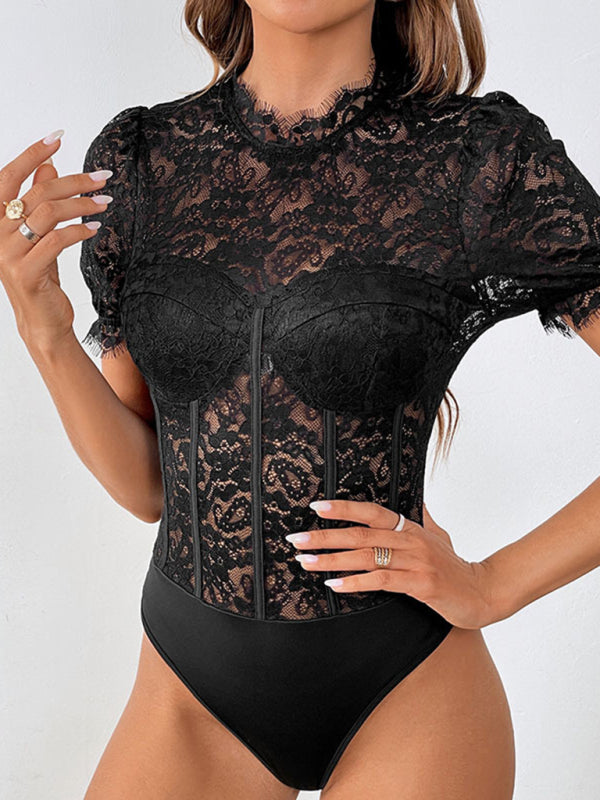 - Floral Lace Bodysuit | Disco Night's See-Through Tight Top- - Pekosa Women Clothing