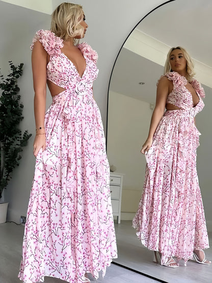 Floral Maxi Dresses- Floral Chiffon Backless Plunge Slit Sides Maxi Dress- - Pekosa Women Clothing