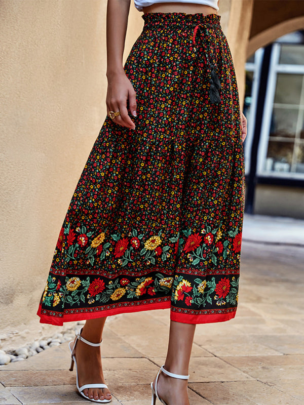 Floral Skirt- Tiered Floral Long Skirt with Adjustable Waist - High Rise Midi Skirt- - Pekosa Women Clothing