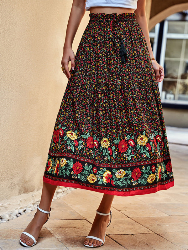 Floral Skirt- Tiered Floral Long Skirt with Adjustable Waist - High Rise Midi Skirt- - Pekosa Women Clothing