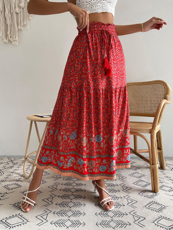 Floral Skirt- Tiered Floral Long Skirt with Adjustable Waist - High Rise Midi Skirt- Red- Pekosa Women Clothing