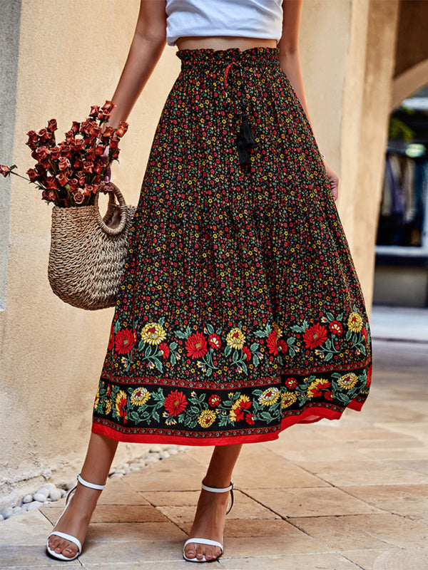 Floral Skirt- Tiered Floral Long Skirt with Adjustable Waist - High Rise Midi Skirt- Black- Pekosa Women Clothing