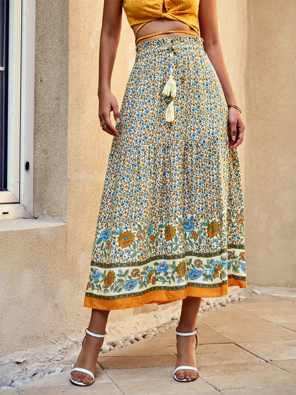 Floral Skirt- Tiered Floral Long Skirt with Adjustable Waist - High Rise Midi Skirt- Cracker khaki- Pekosa Women Clothing