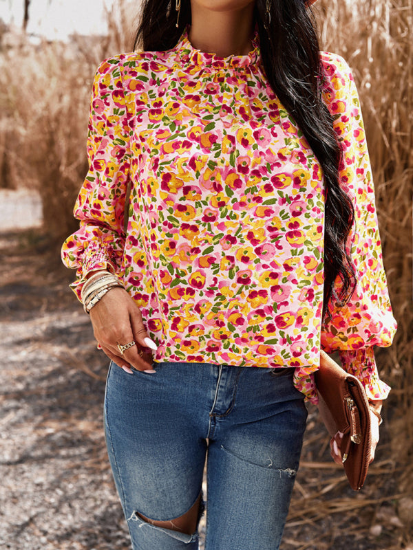 Floral blouses- Floral High Ruffe Neck Long Sleeve Blouse- - Pekosa Women Clothing