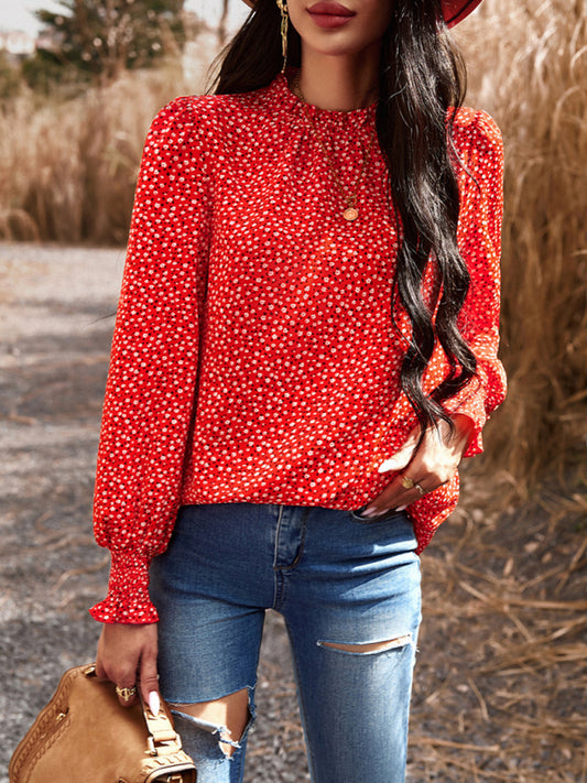 Floral blouses- Floral High Ruffe Neck Long Sleeve Blouse- Red- Pekosa Women Clothing