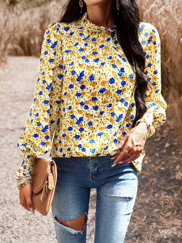 Floral blouses- Floral High Ruffe Neck Long Sleeve Blouse- Yellow- Pekosa Women Clothing