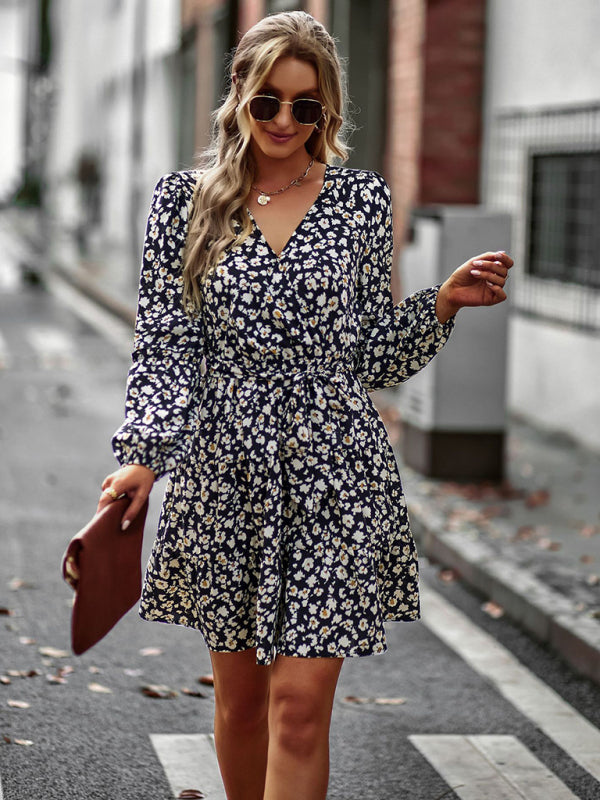 Floral dresses- Floral A-Line Dress with Long Sleeves and Belt-Tie- - Pekosa Women Clothing