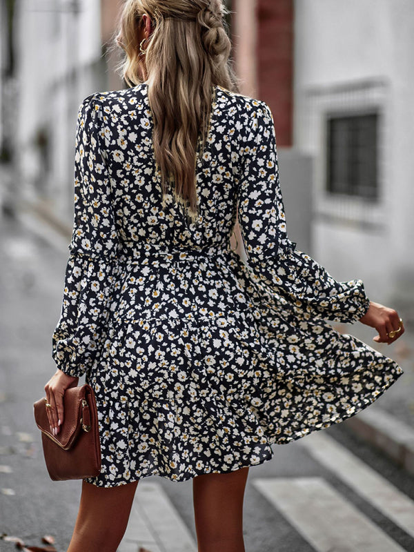 Floral dresses- Floral A-Line Dress with Long Sleeves and Belt-Tie- - Pekosa Women Clothing