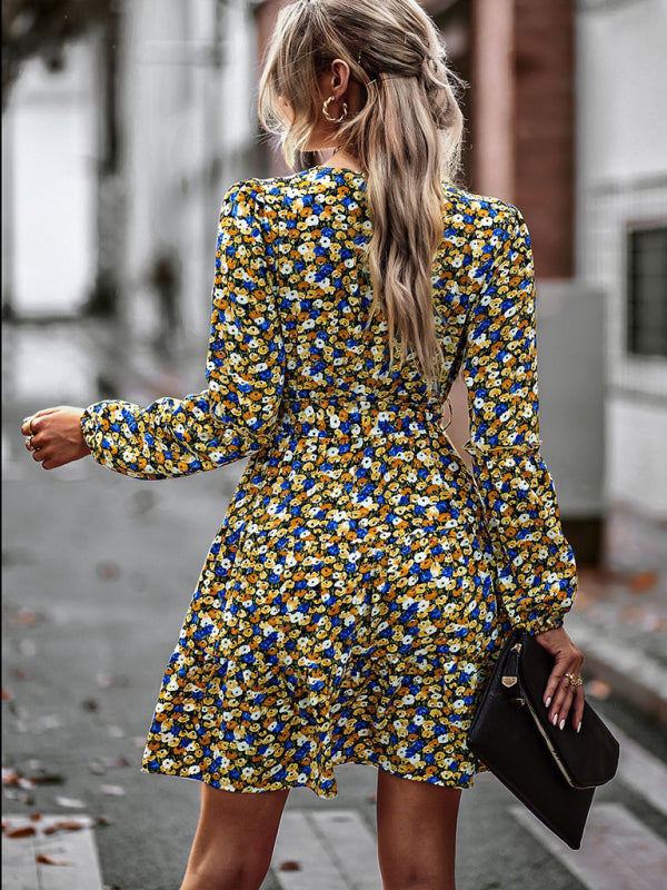 Floral dresses- Floral A-Line Dress with Long Sleeves and Belt-Tie- - Pekosa Women Clothing