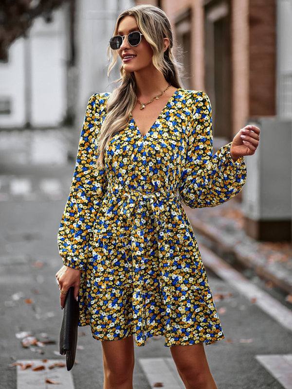 Floral dresses- Floral A-Line Dress with Long Sleeves and Belt-Tie- Yellow- Pekosa Women Clothing