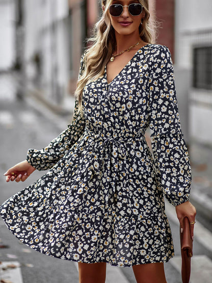 Floral dresses- Floral A-Line Dress with Long Sleeves and Belt-Tie- - Pekosa Women Clothing