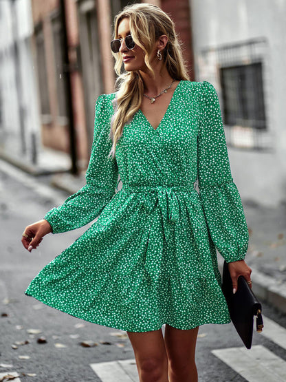 Floral dresses- Floral A-Line Dress with Long Sleeves and Belt-Tie- Green- Pekosa Women Clothing