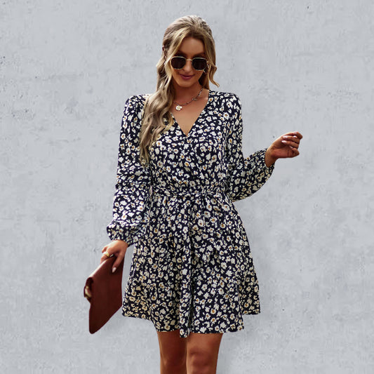 Floral dresses- Floral A-Line Dress with Long Sleeves and Belt-Tie- Black- Pekosa Women Clothing