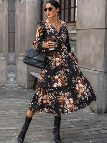 Floral dresses- Long-Sleeved Belted A-Line Dress in Floral Print- - Pekosa Women Clothing