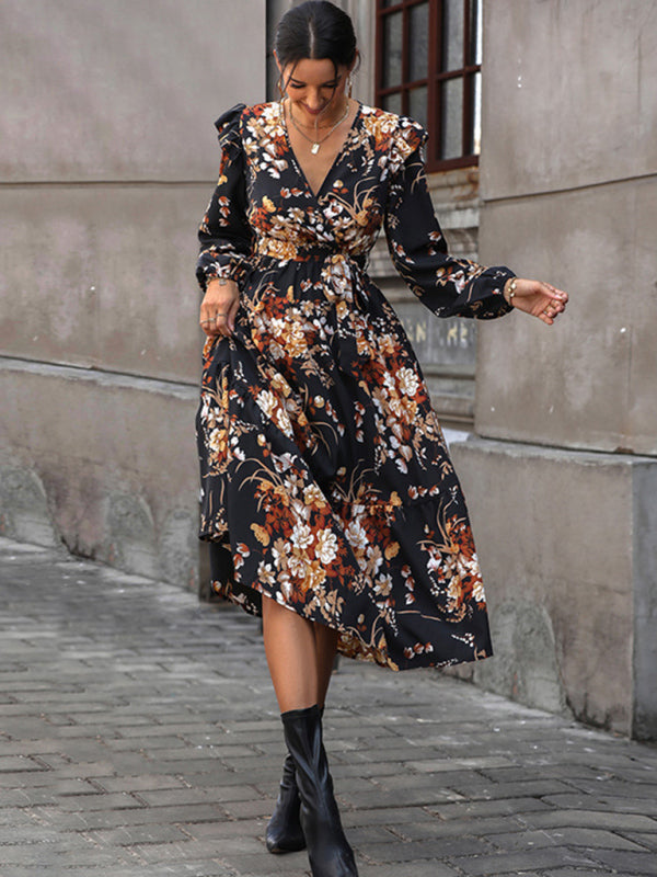 Floral dresses- Long-Sleeved Belted A-Line Dress in Floral Print- - Pekosa Women Clothing