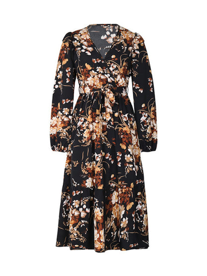 Floral dresses- Long-Sleeved Belted A-Line Dress in Floral Print- - Pekosa Women Clothing