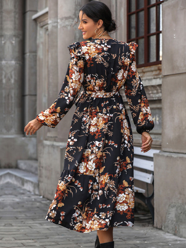 Floral dresses- Long-Sleeved Belted A-Line Dress in Floral Print- - Pekosa Women Clothing