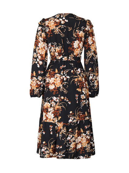 Floral dresses- Long-Sleeved Belted A-Line Dress in Floral Print- - Pekosa Women Clothing