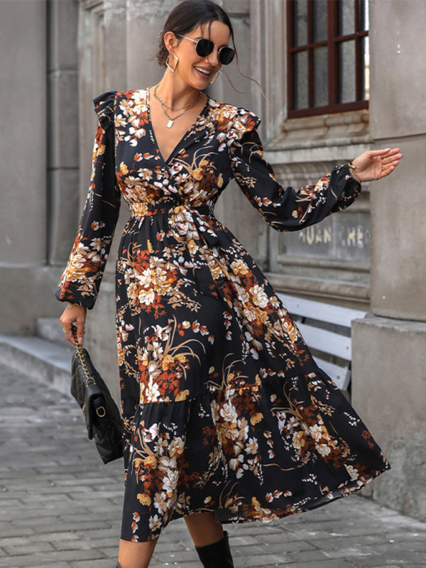 Floral dresses- Long-Sleeved Belted A-Line Dress in Floral Print- Black- Pekosa Women Clothing