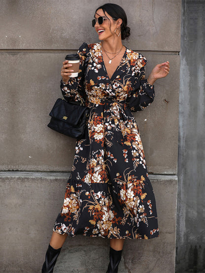 Floral dresses- Long-Sleeved Belted A-Line Dress in Floral Print- - Pekosa Women Clothing