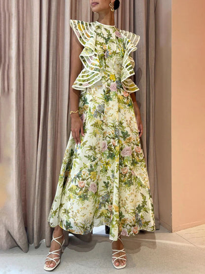 Flounce Dresses- Elegant Floral Flounce Backless Maxi Dress- Grass green- Pekosa Women Clothing